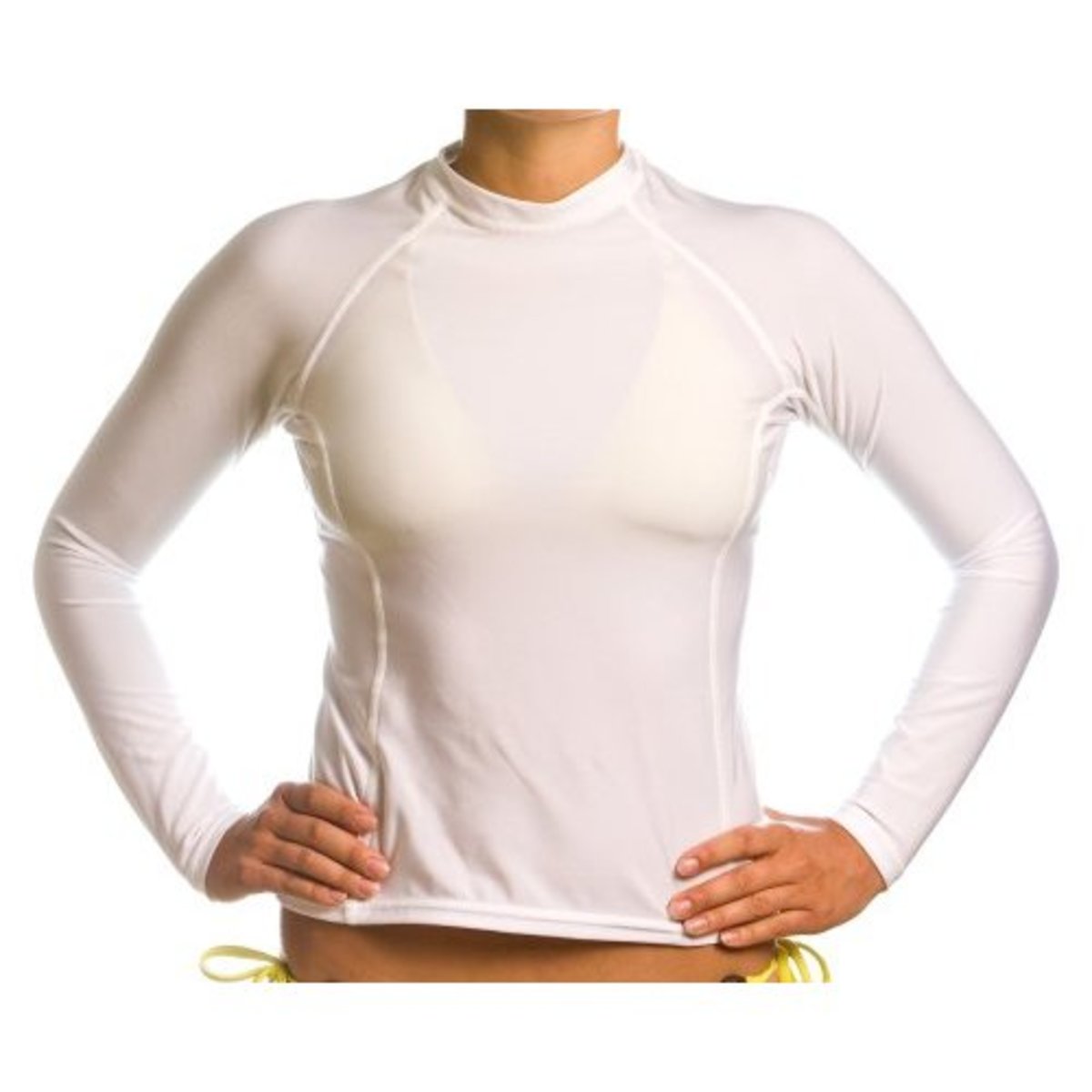 white rash guard swim shirt on female