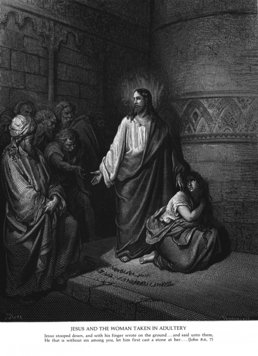 "JESUS AND THE WOMAN TAKEN IN ADULTERY" WOODCUT BY GUSTAVE DORE