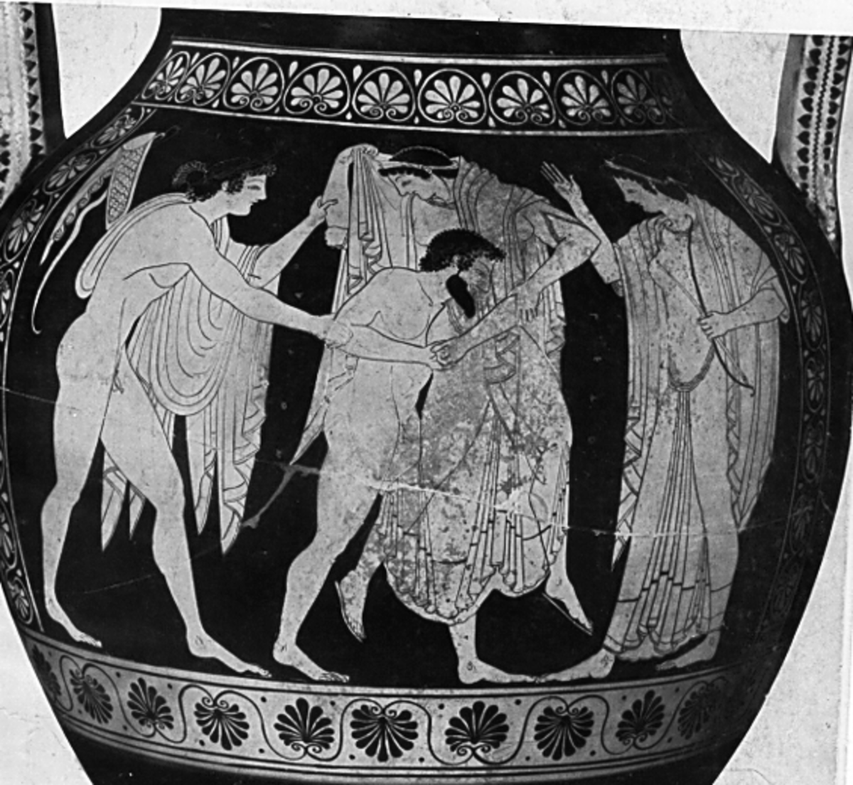 Apollo and Artemis fighting Tityos to save their mother Leto
