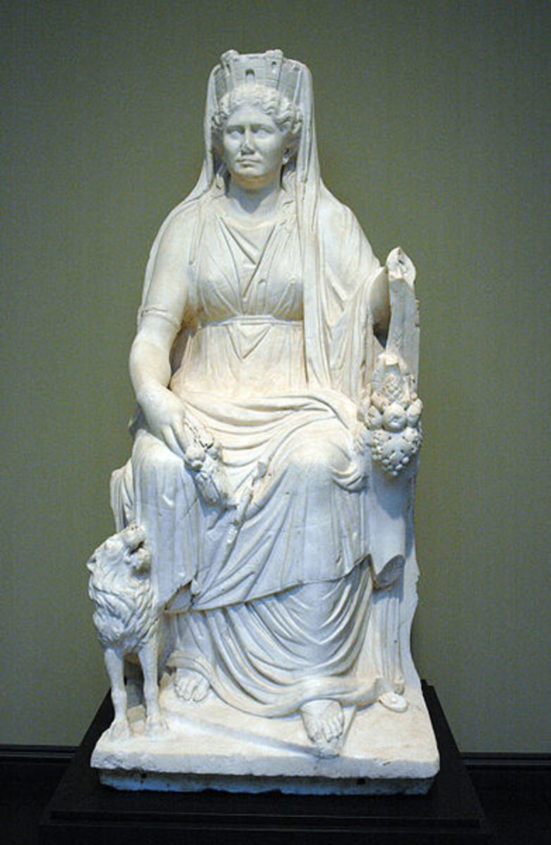 Cybele with her attributes, (Getty Museum), a Roman marble, c. 50 CE, source Wikipedia - When is Mothers Day?