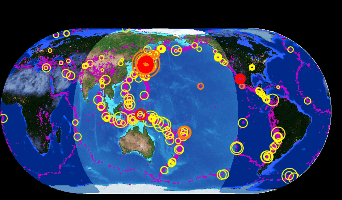 the pink is the tectonic plates the circles are the Earthquakes 14 March 2011 yellow small earthquake  orange medium  red large