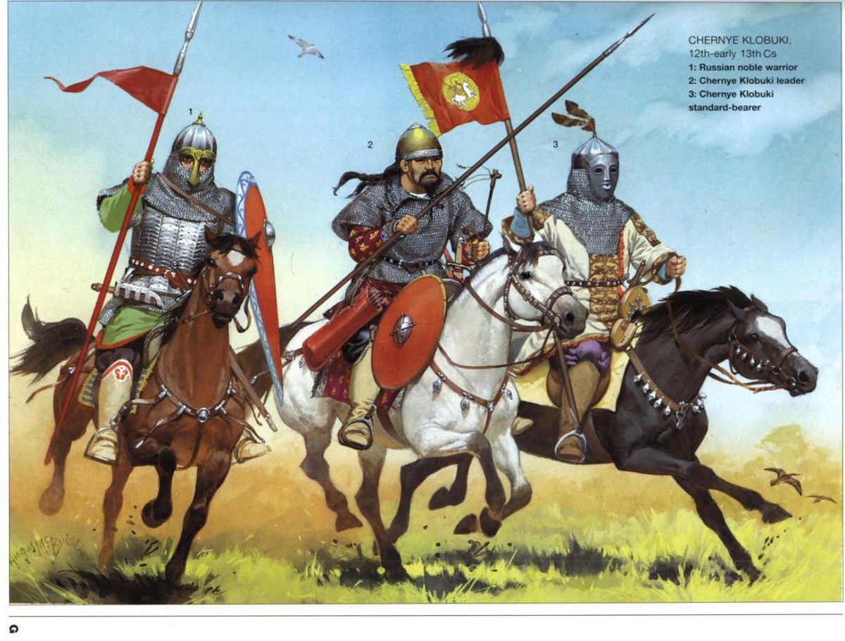 Kievan Rus cavalry in the field. The rider at left is a Rus noble, the other two are Chernyans