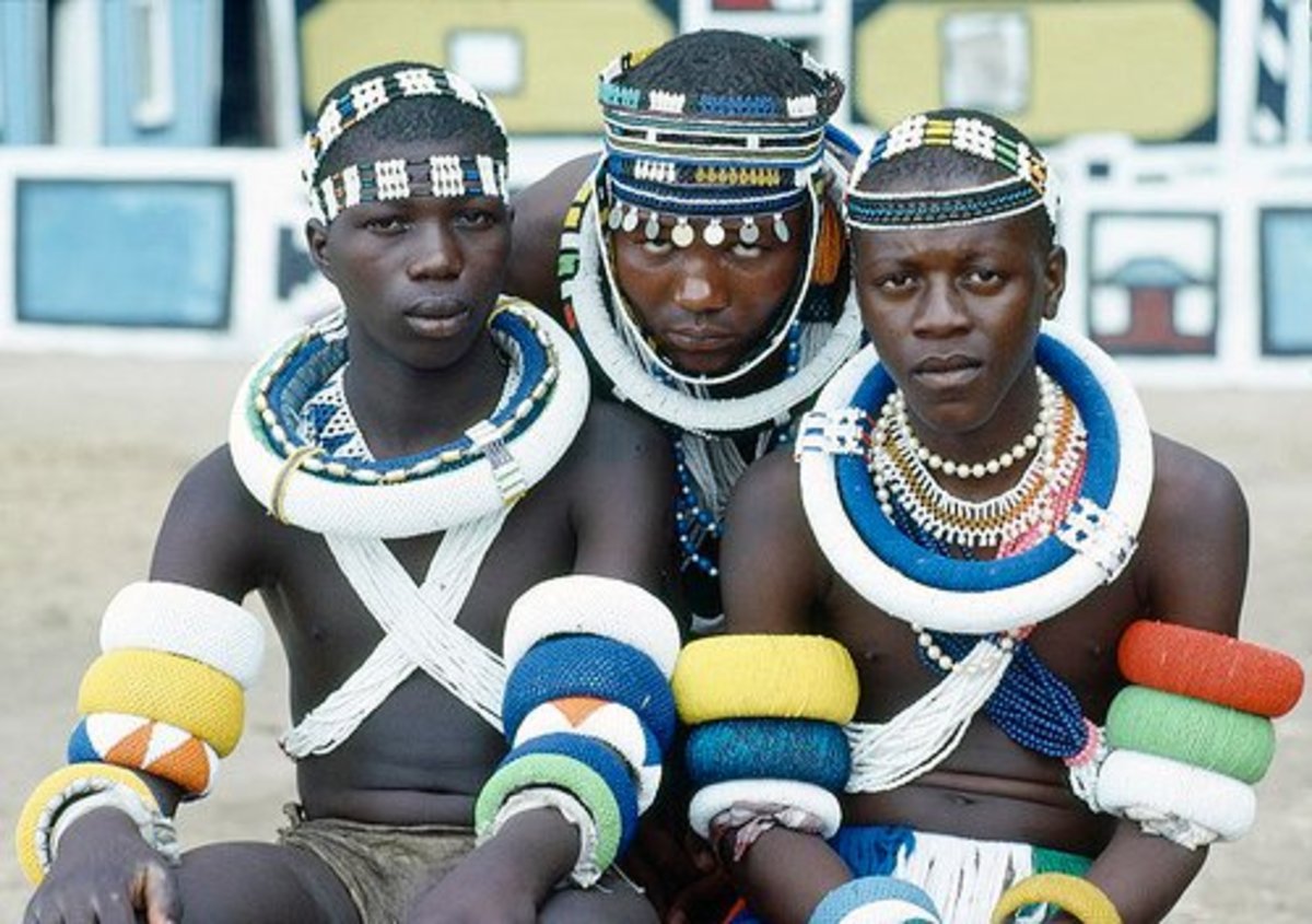 Young men from the Ndebele nation in South Africa pose for a photo during their initiation day