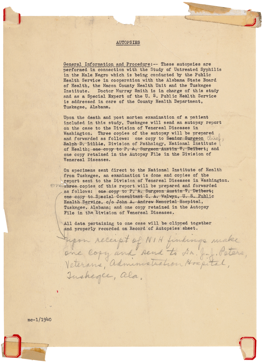 Document from Tuskegee Syphilis Study, requesting that after test subjects die, an autopsy be performed, and the results sent to the National Institutes of Health 