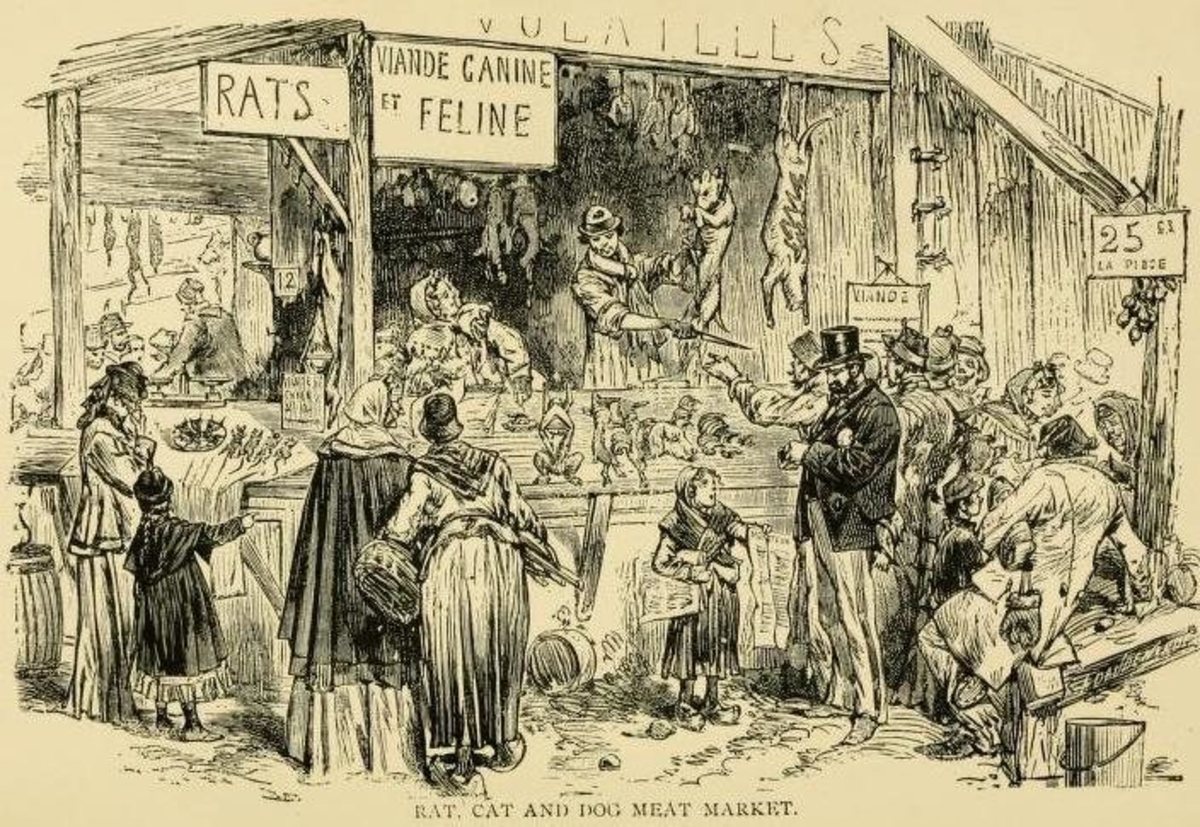 A vendor during the siege of Paris advertising the food choices available.
