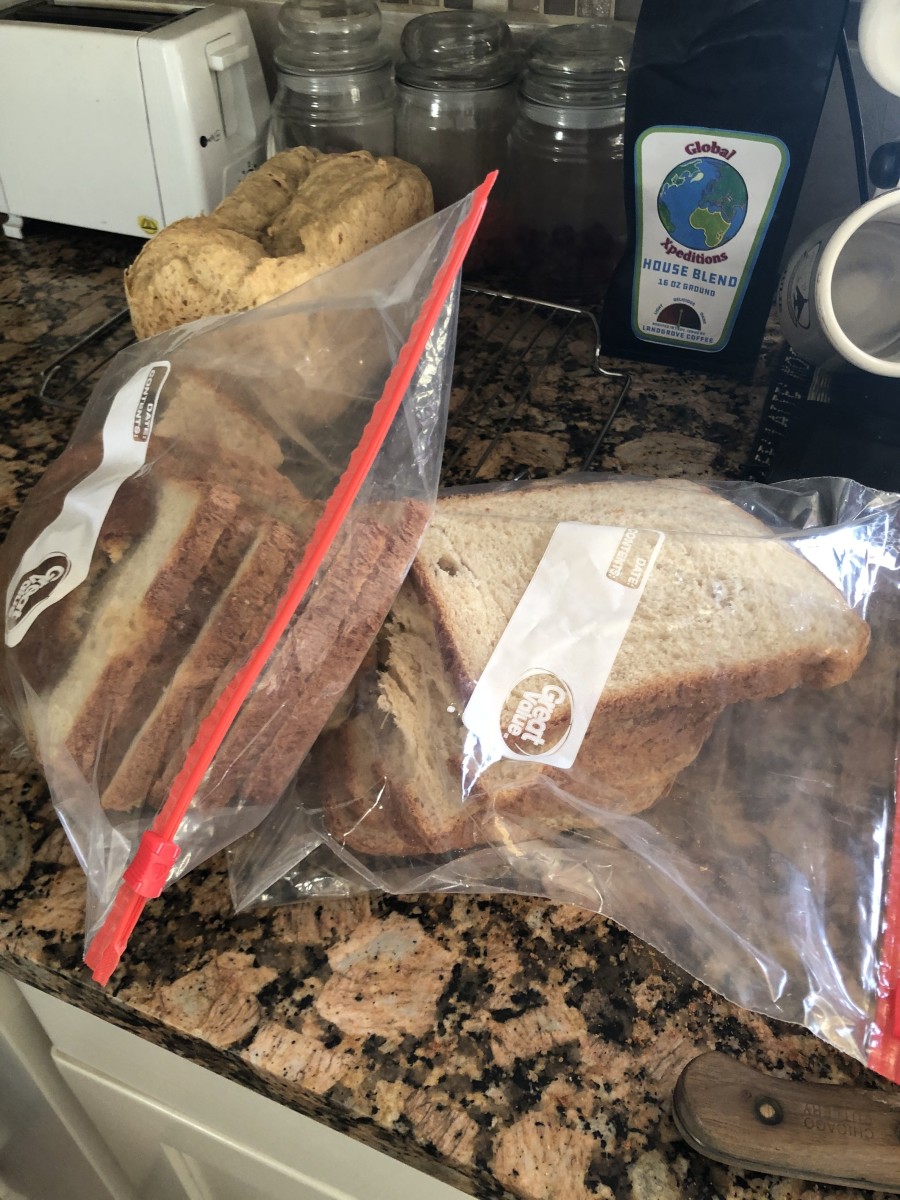 I keep half of the loaf in a gallon freezer bag near the toaster and coffee pot.