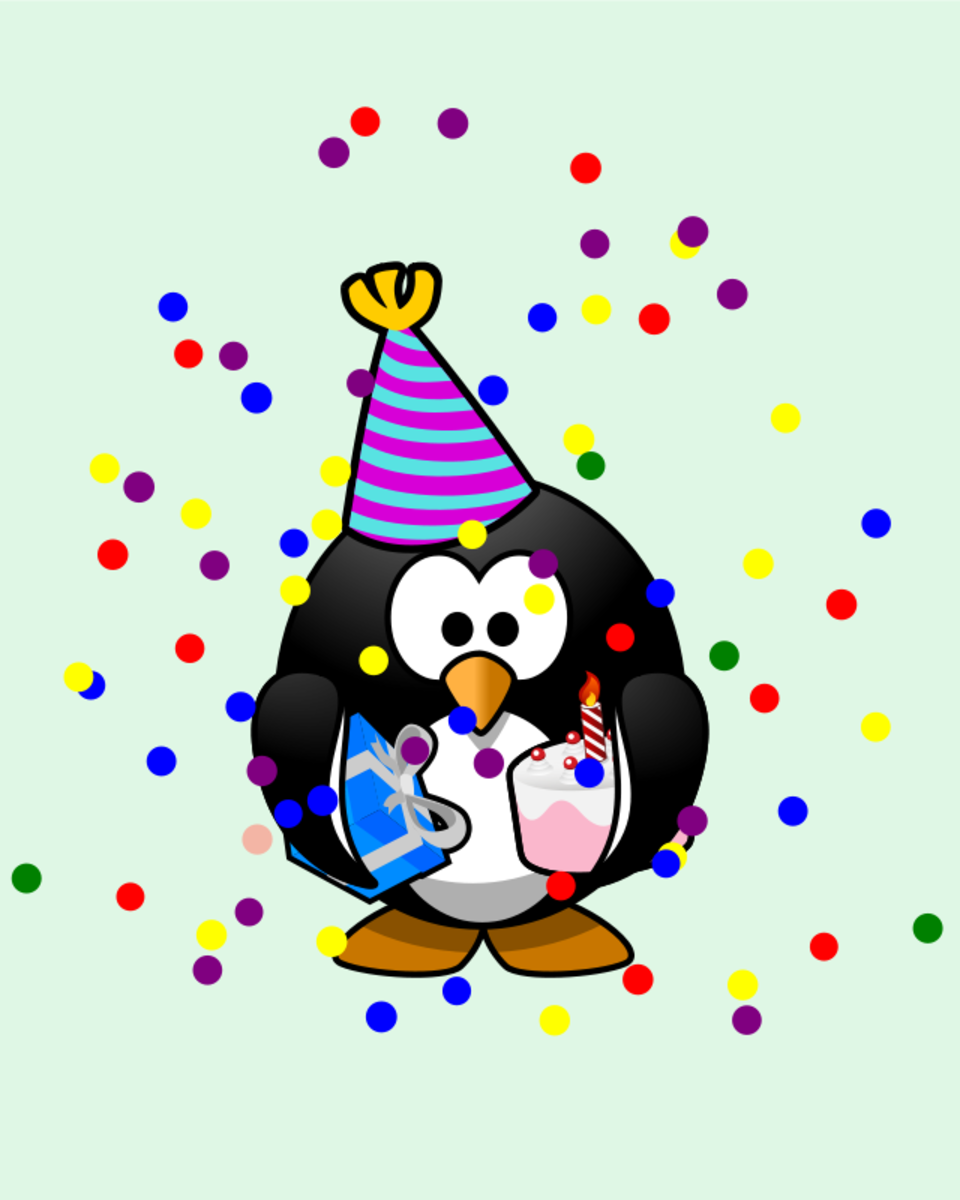 Penguin with Party Hat, Present, Cake and Confetti