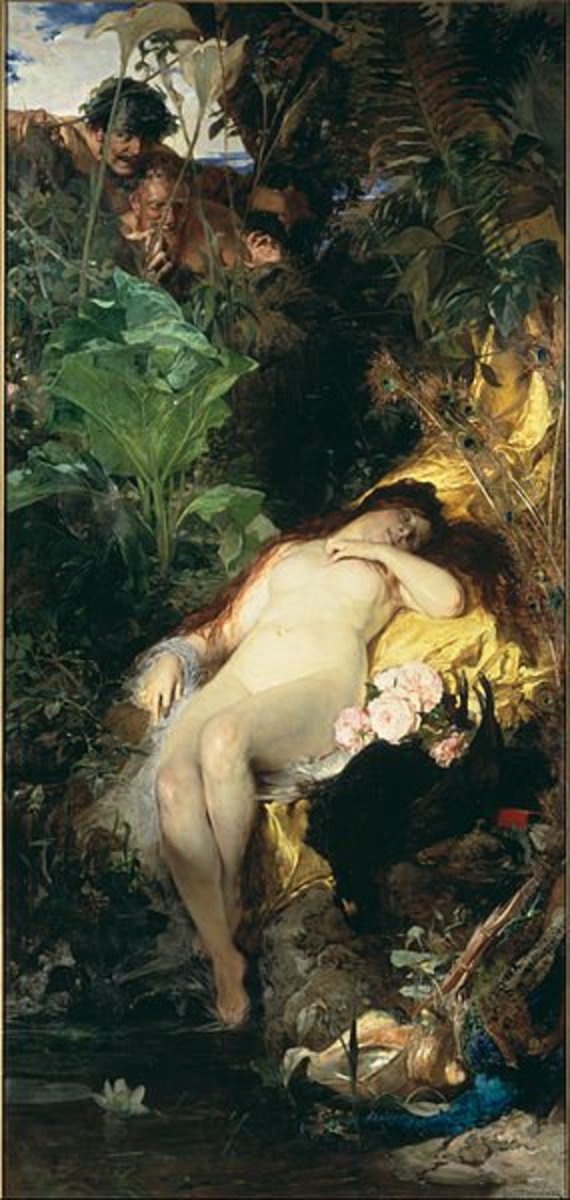 Nymph and Fauns, painting by Julius Kronberg (Swedish, 1850-1921) PD-art-100