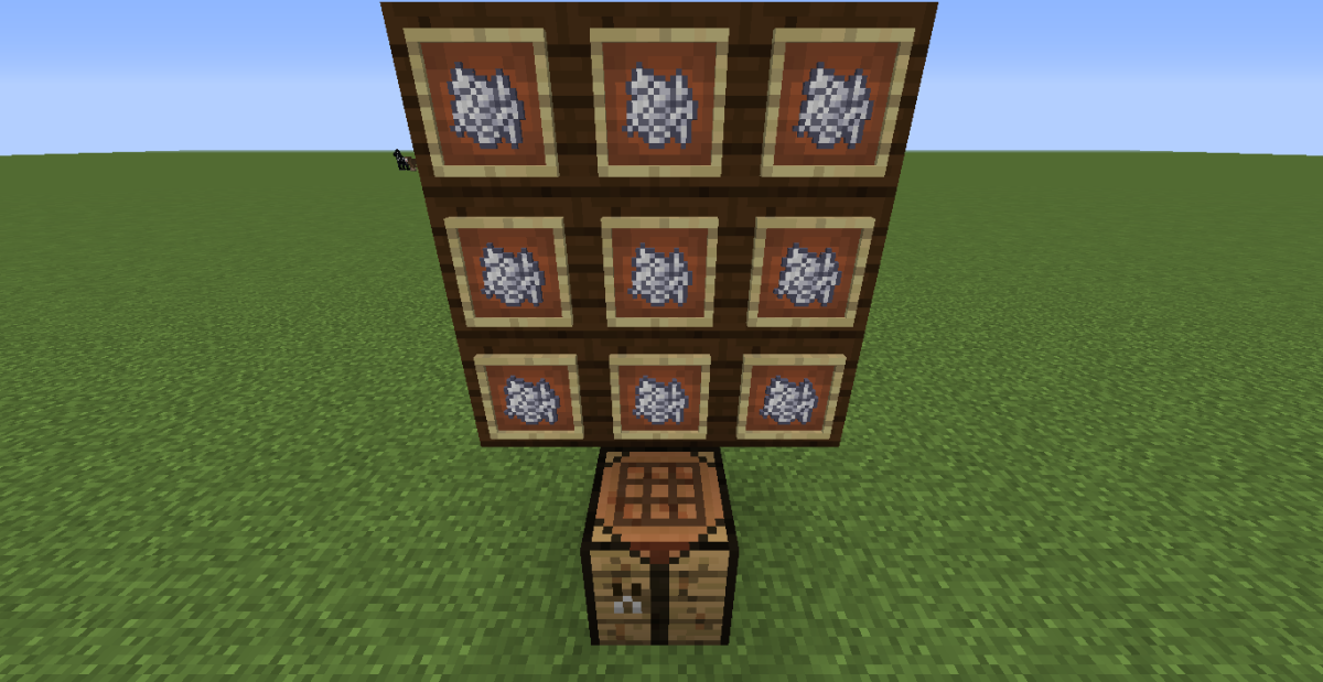 The item frames represent the crafting GUI of the crafting table at the bottom of the picture.