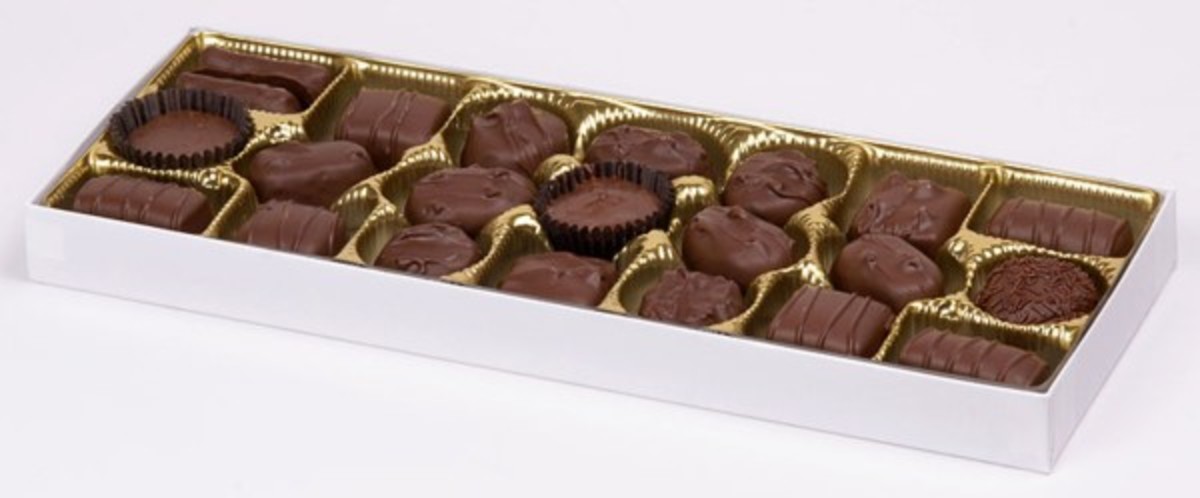 A Russell Stovers box of milk chocolates.