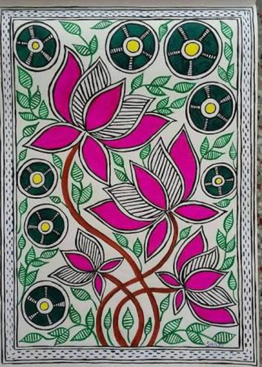 马杜巴尼的画作上有色彩鲜艳的花朵和树叶。我很高兴这幅莲花画的作者来参观了我的文章。她的名字是SHILPI SHRIVASTAVA，你可以在下面阅读她的评论。