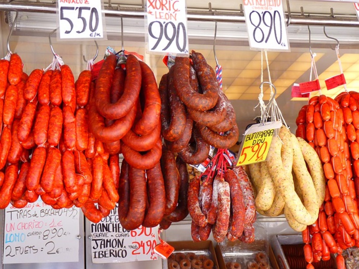 Sausage varieties in a market.