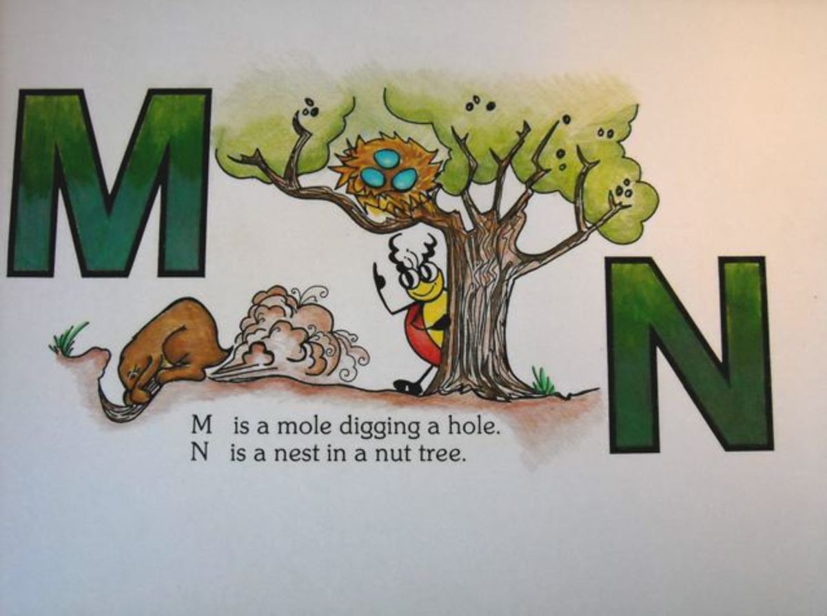 "M is a mole, digging a hole.  N is a Nest in a nut tree."