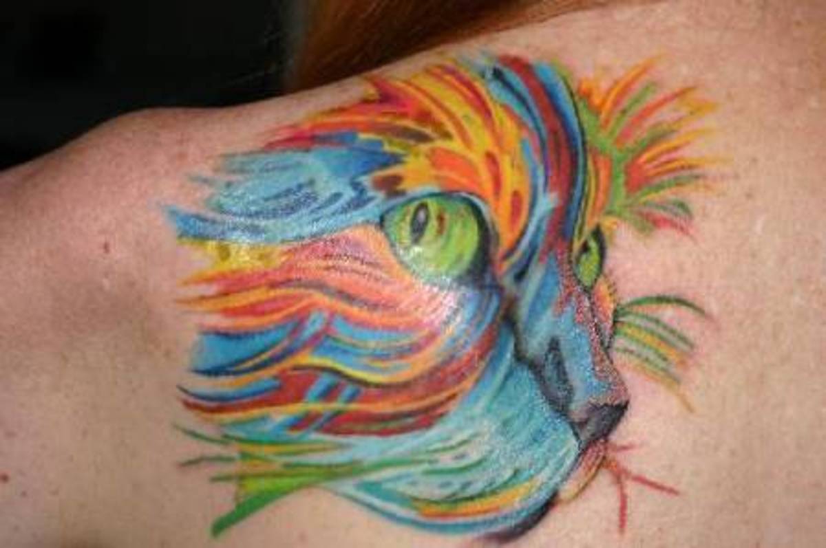 I love the vivid colors on this cat tattoo.  