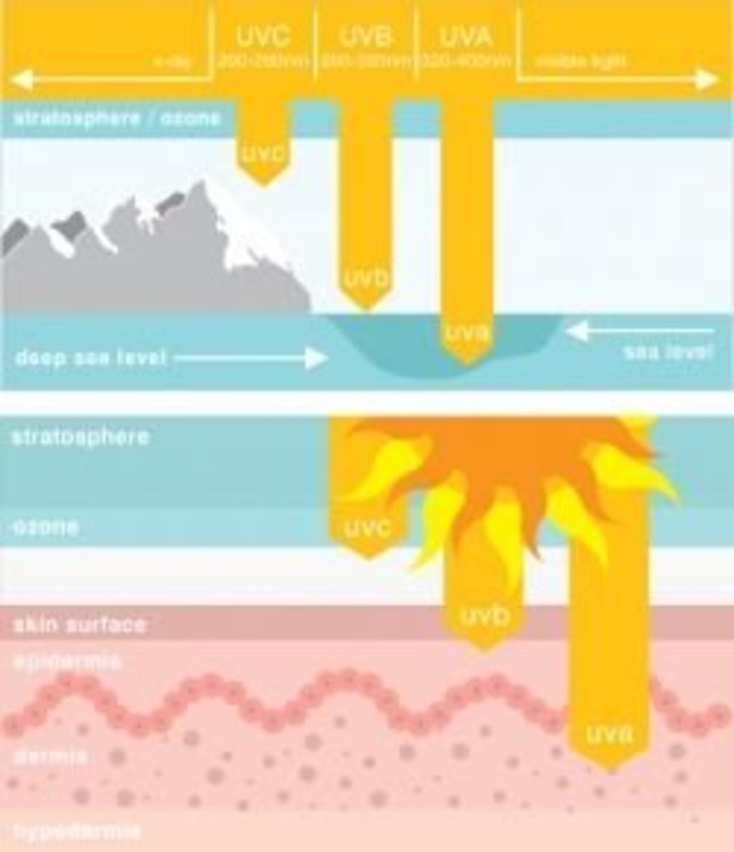 Penetration of UVA vs UVB vs UVC sun rays