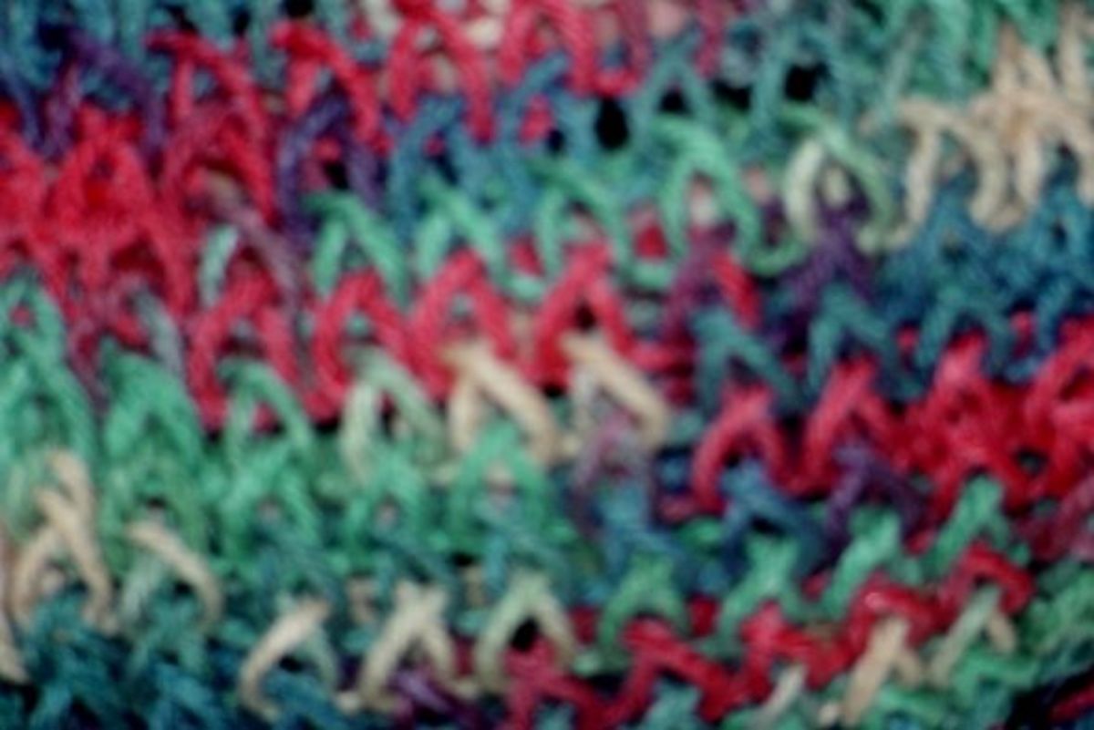 Close-up of the multicolored yarn scarf.