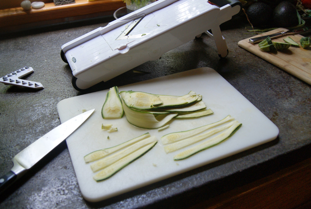 Squash sliced with mandoline and cut into ribbons with knife