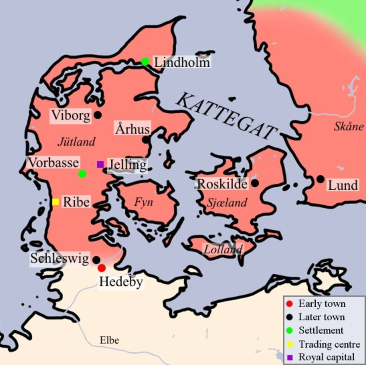 A map of Viking Age Denmark shows land east across the Oresund as being Danish, from south to north Skaane, Halland and Gotaland. In 1864 land was lost to Prussia after a succession dispute. What was Slesvig in Angeln became Schleswig