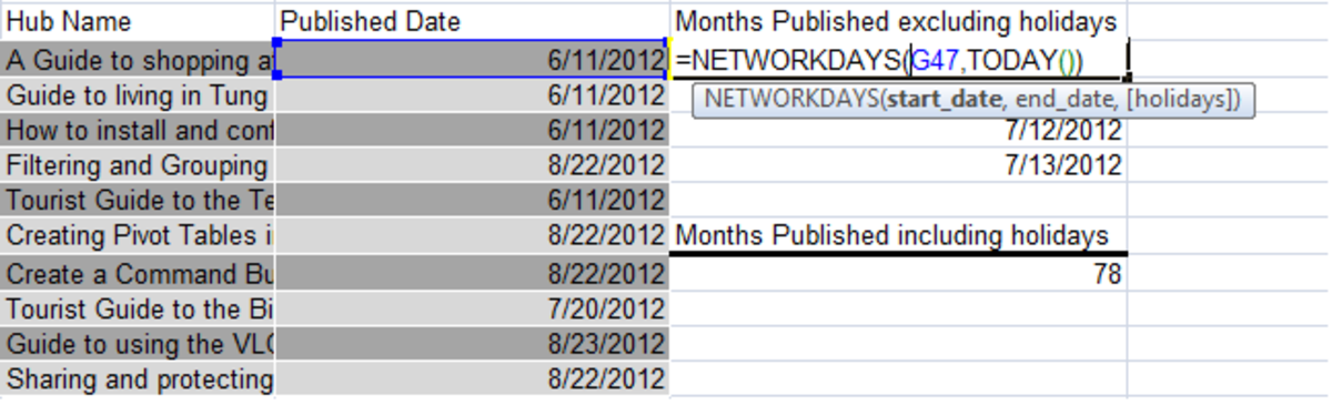 Examples of the NETWORKDAYS function in Excel 2007.