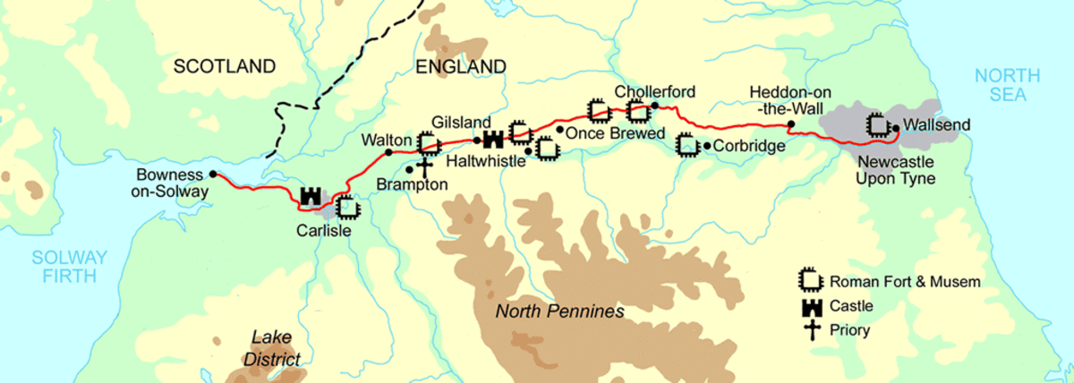 Hadrian's Wall coast-to-coast, between Carlisle and Solway Firth in the west, facing the Irish Sea and Wallsend in the east near Newcastle-upon-Tyne towards the North Sea
