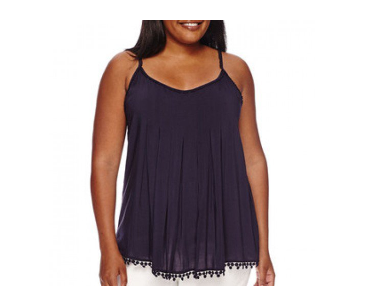 Cami with front and back pleats as well as lace trim along the neckline, armholes, and bottom hem
