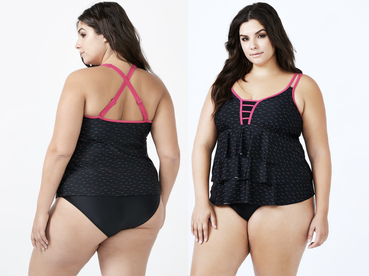 Tiered tankini with contrasting trim. The ruffled design offers coverage and a flattering look.
