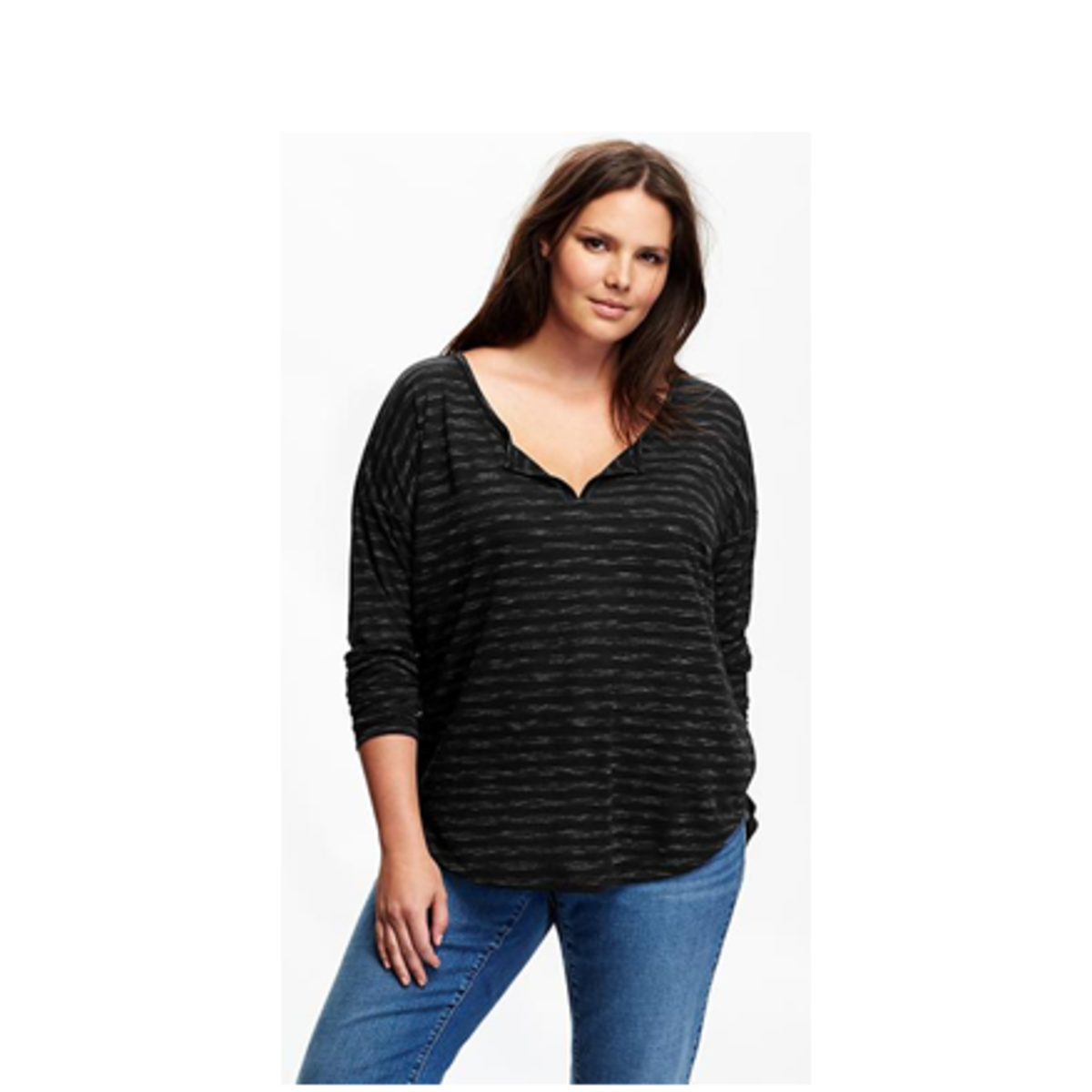 Split V-neck henley, soft lightweight burnout jersey in all-over stripes with drop-shoulder and rounded hi-lo hem