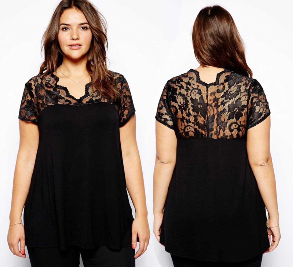 Blouse with lace yoke and sleeves. Wear with a black skirt or pants for an elegant look.