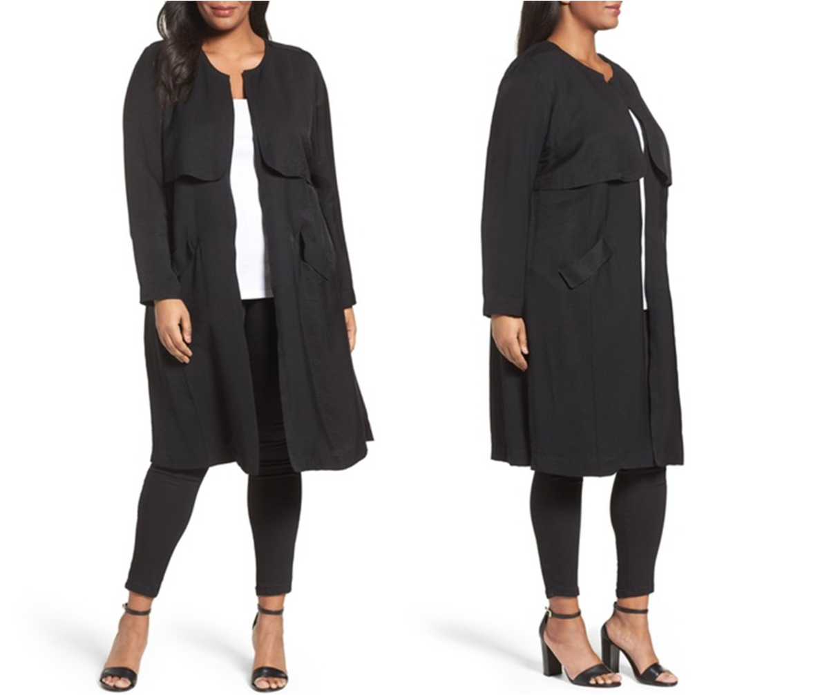 Collarless long, lightly structured coat with gunflaps. Unlined with side slits.