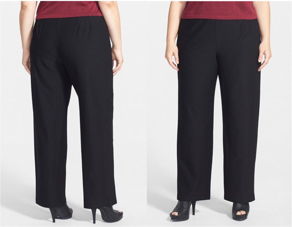 Casual yet elegant pull-on straight-leg pants with elastic waistband, and no pockets (70% viscose rayon, 24% nylon, 6% spandex)