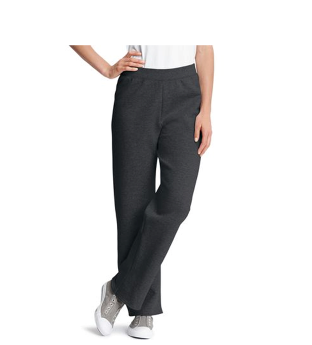 Cotton/polyester fleece relaxed sweatpants with flat elastic waistband. No drawstring, pockets, or cuffs.