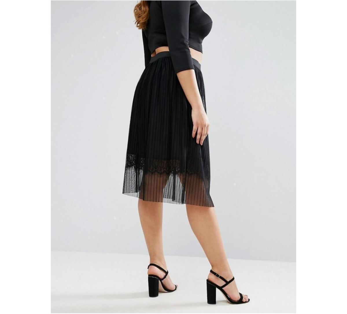 Midi skirt with sheer pleated tulle, lace underlay, and high-rise waist