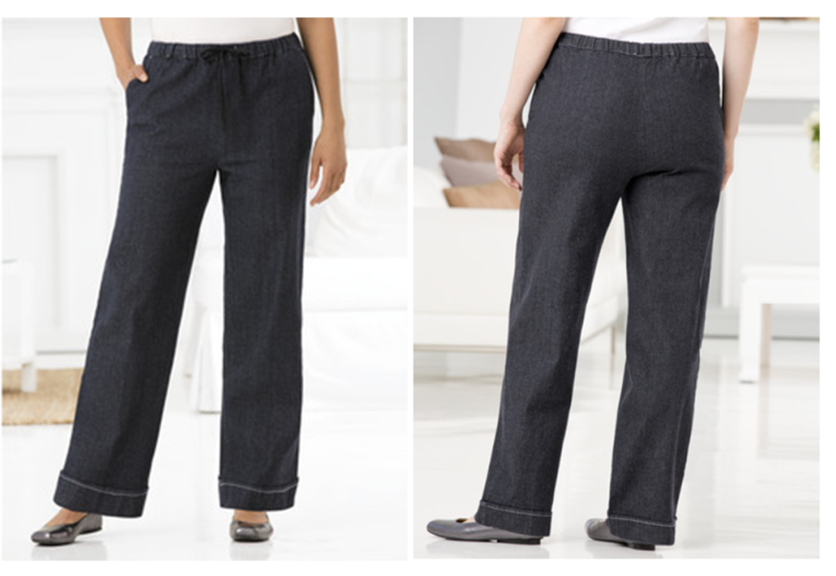 Comfy, stretchy wide-legged denim pants with all around elastic waist, drawstring, slash pockets, and stitched cuffed hem 