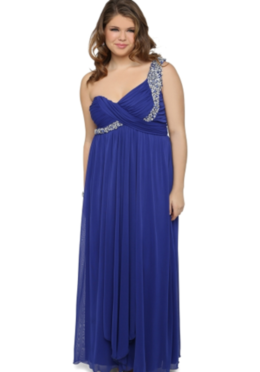 A-line chiffon floor-length one-shoulder formal dress with fitted bodice and rhinestone trim