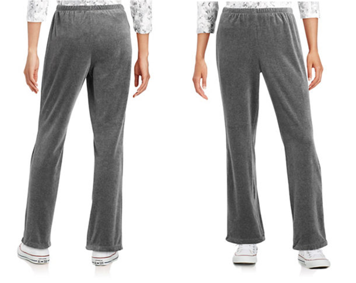 Extremely comfy relaxed fit cotton-poly velour pants can be dressed up or down. The thin elastic waistband won't fold over at waistline.