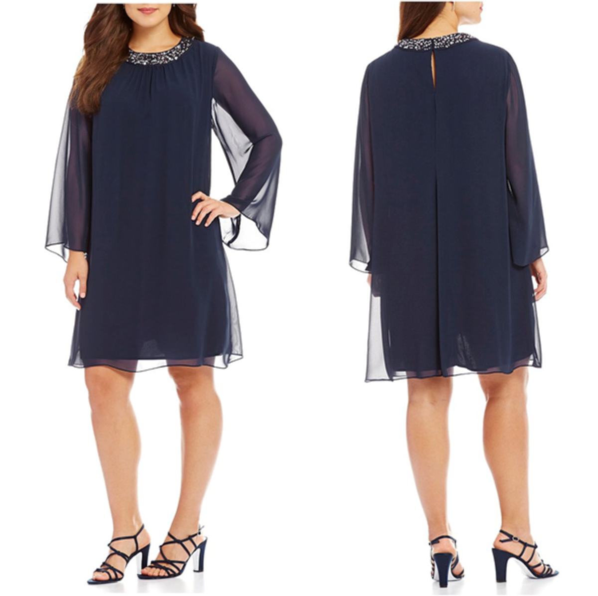 Jewel neckline chiffon dress with trapeze silhouette and long sleeves