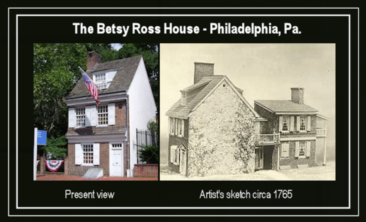 The Betsy Ross House - as it is now, and an artist's sketch of its appearance circa 1765