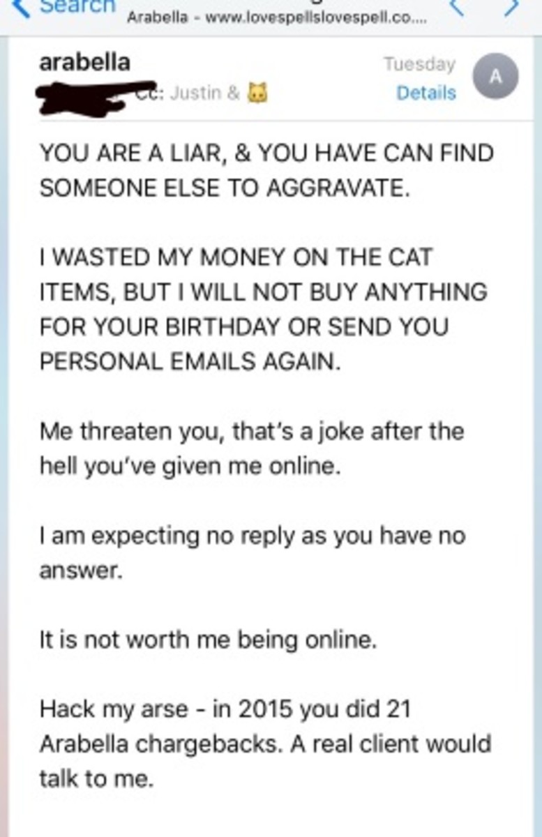 Horrible emails sent from Arabella to an unhappy customer, who forwarded screenshots to me. He said he was a first-time Arabella customer and never made 21 chargebacks.