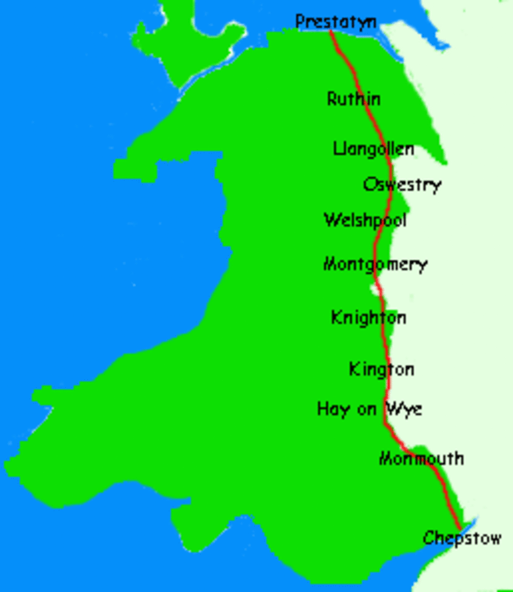 Offa's Dyke, (red line) that defined the borders of Wales, separate from England.  Built by the King Offa of Murcia.