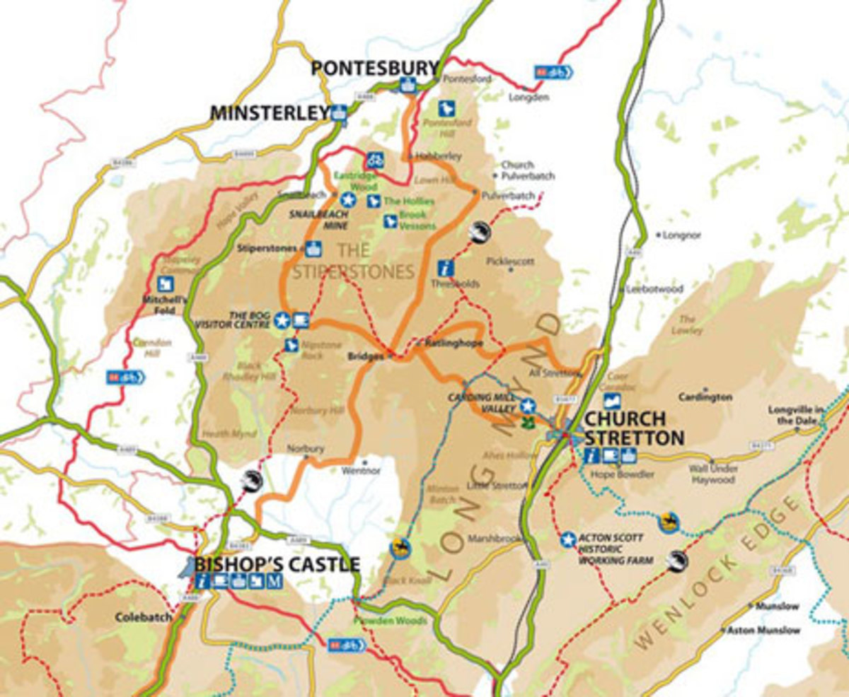 A map of the Long Mynd region, located west of Church Stretton, Shropshire.