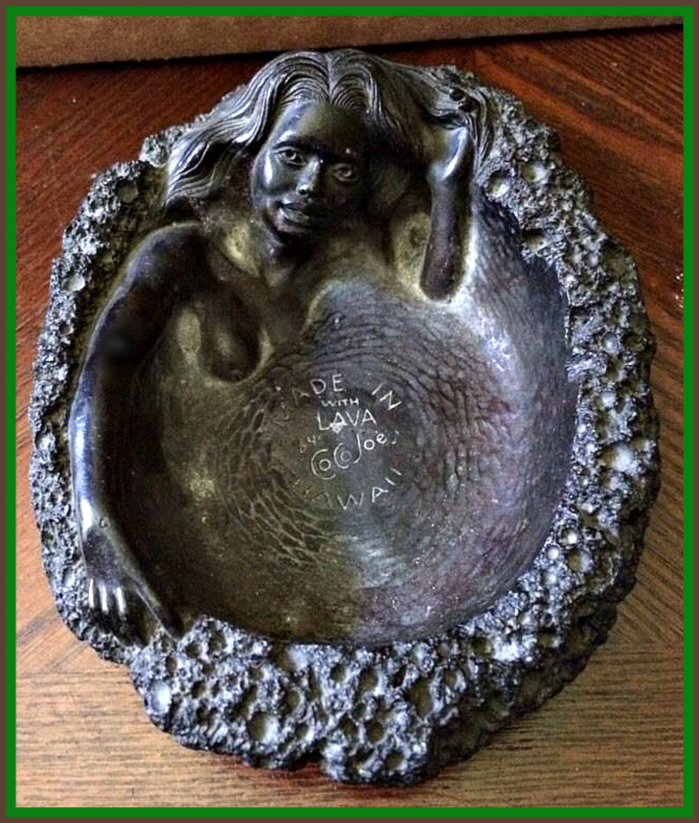 Lovely and rather large ashtray of woman made with lava by Coco Joe back in 1964 from the lava of the Hawaiian islands. 