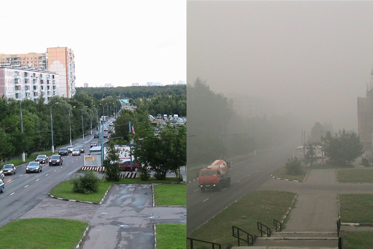 Moscow street scene, before and during 2010 wildfires. Image courtesy Wikimedia Commons.