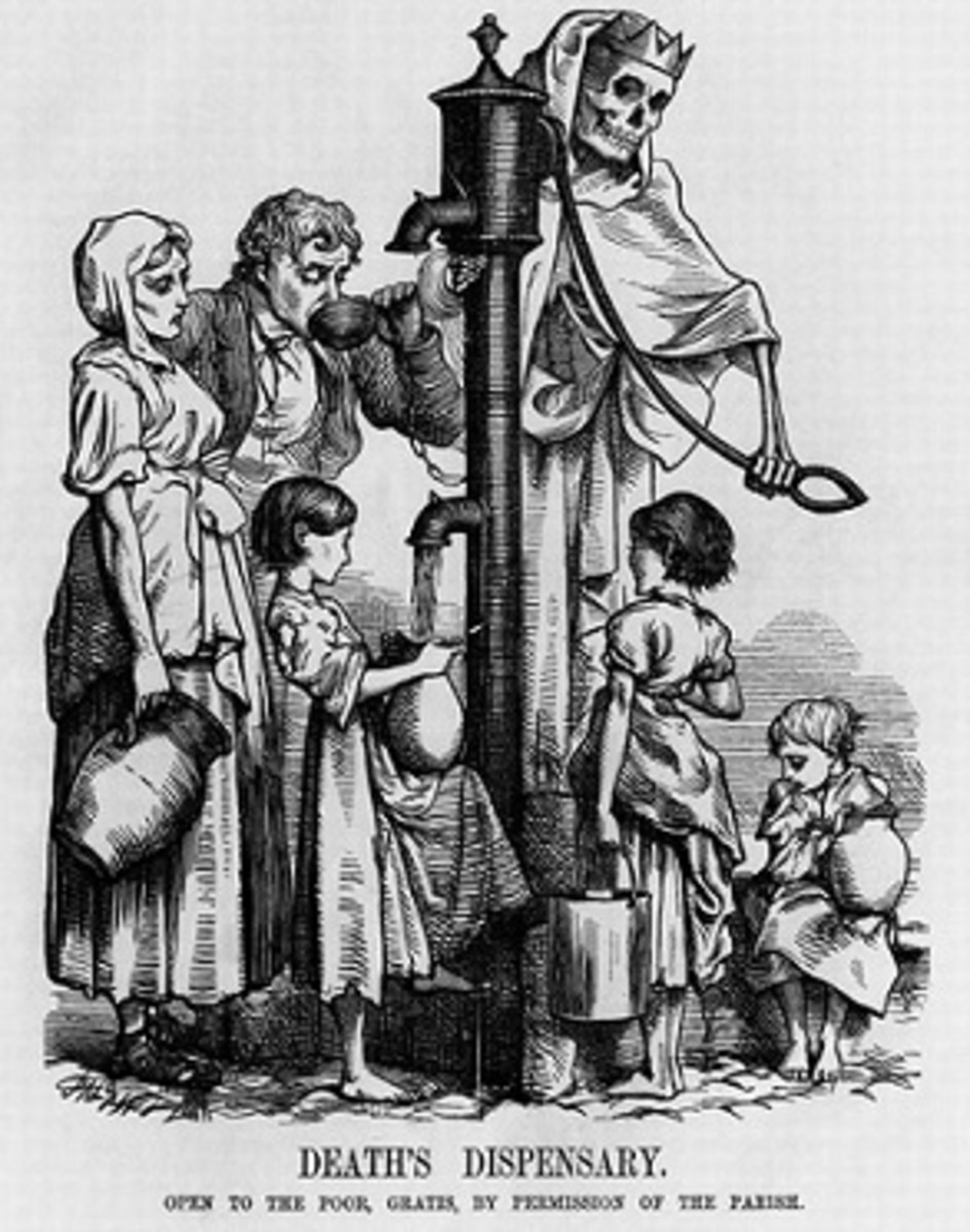 1855 illustration representing the lethal threat of cholera through water pumps.