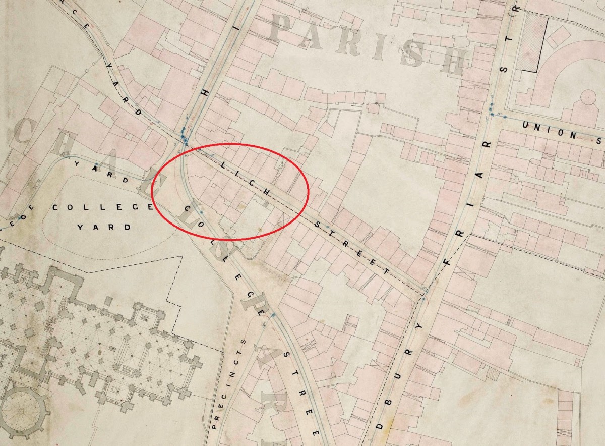 1870 Board of Health street plan, with the Lich Street dig area highlighted [1].