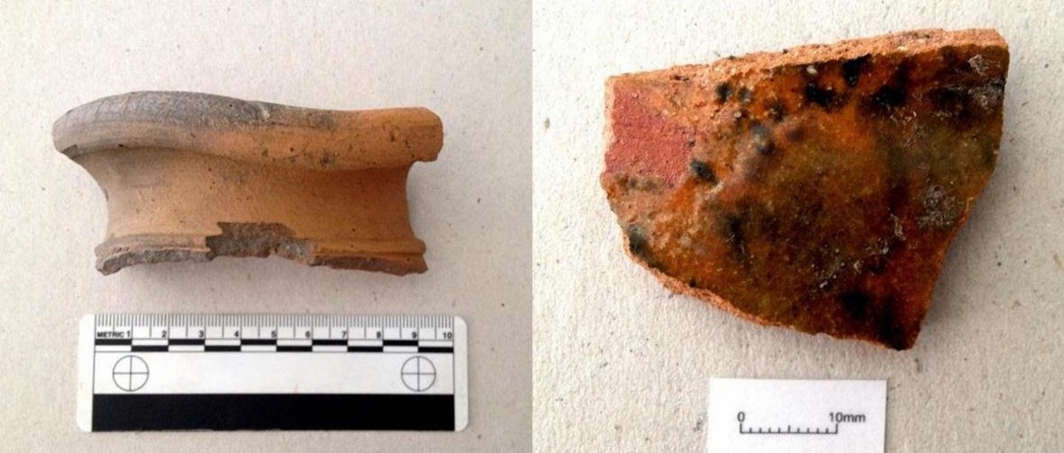 To the left is a piece of Roman pottery. The piece on the right is Medieval.