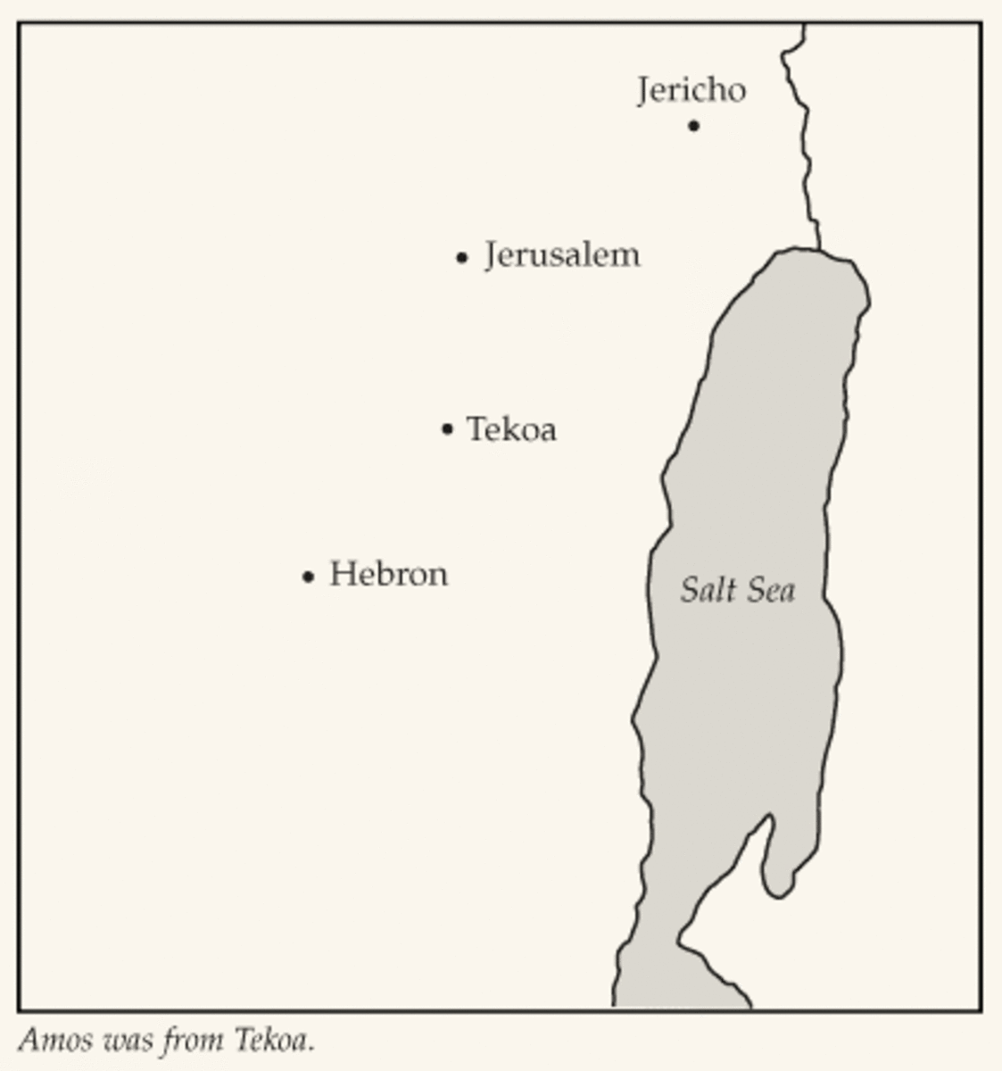 This image shows where Amos' hometown was in relationship to Jerusalem. 