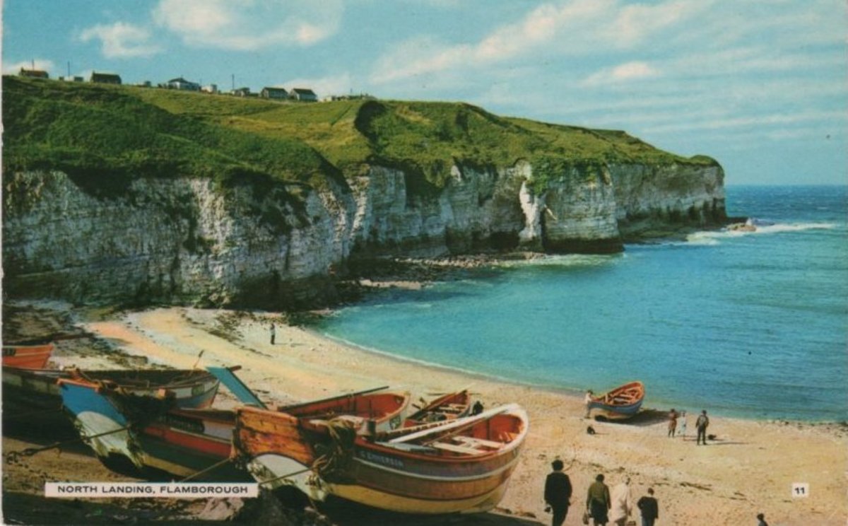 The North Landing, Flamborough with its cobles drawn up, ready for launching