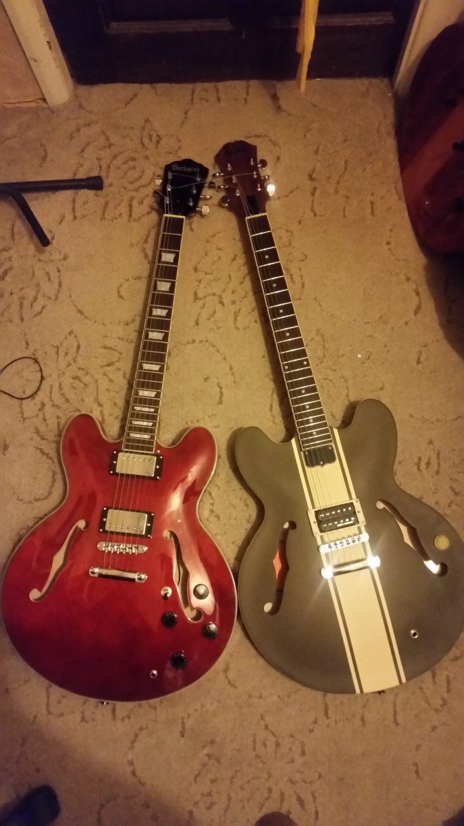 My own (slightly modified) Benson ES Double Cutaway side by side with the more expensive Epiphone ES-333