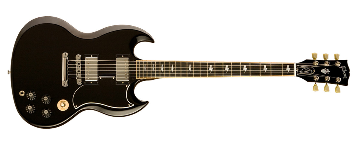 Gibson Angus Young SG modeled after Angus Young's 1968 SG Standard These guitars all have lightning bolt fretboard positioning marker inlays, and slimmer neck profiles than is customary.