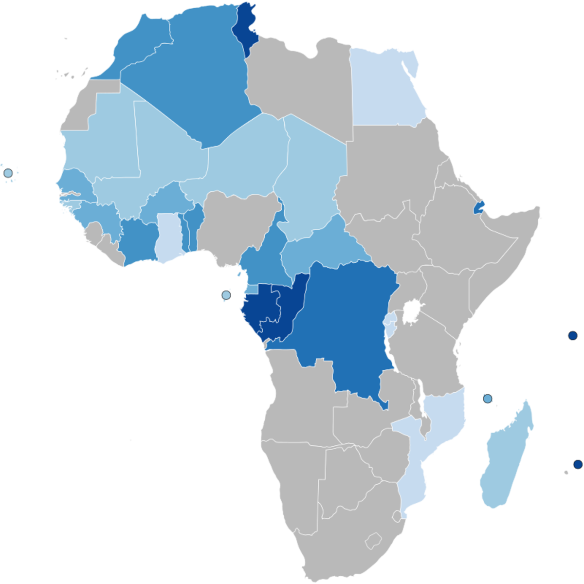 A map of Africa with the percentage of the population speaking French.  Lightest blue = 0-10% french Very light blue = 11-20% french Light blue = 21-30% french Blue = 31-40% french Dark blue = 41-50% french Darkest blue = 50% frech
